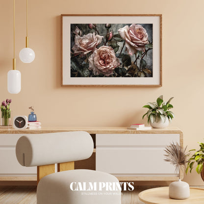 Still life floral artwork featuring dew-kissed roses in a vintage palette

