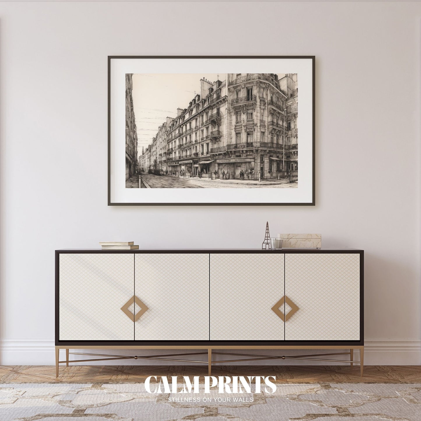 Vintage-style sketch capturing the charm of a quiet Parisian street
