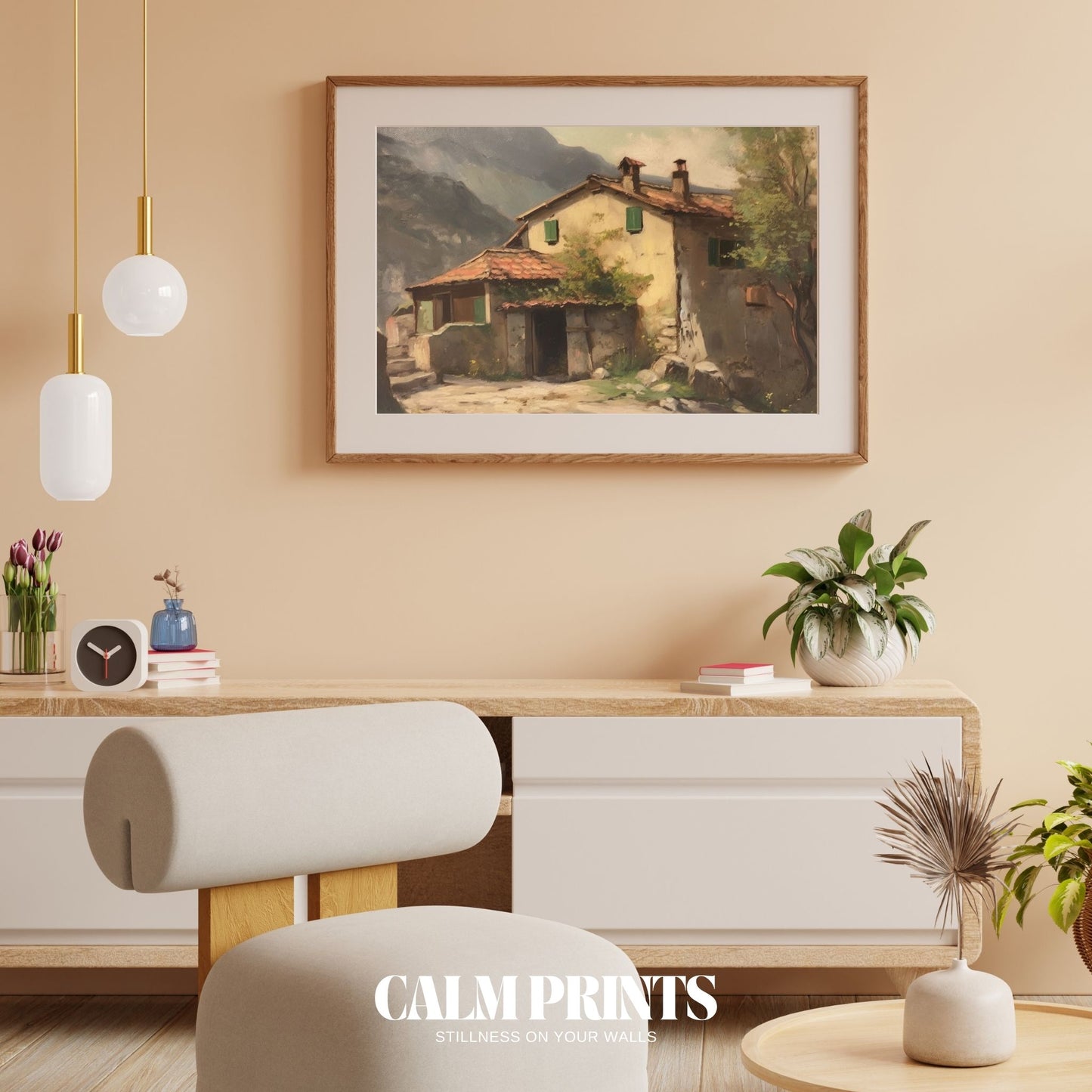 Vintage-style wall art of a rural cottage with ivy-covered walls
