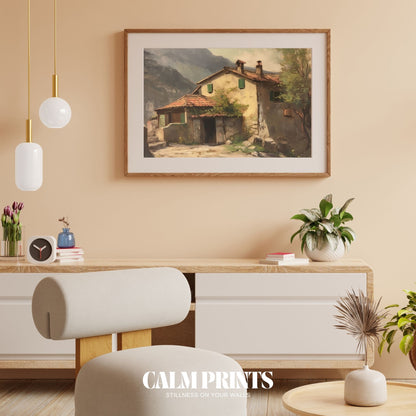 Vintage-style wall art of a rural cottage with ivy-covered walls
