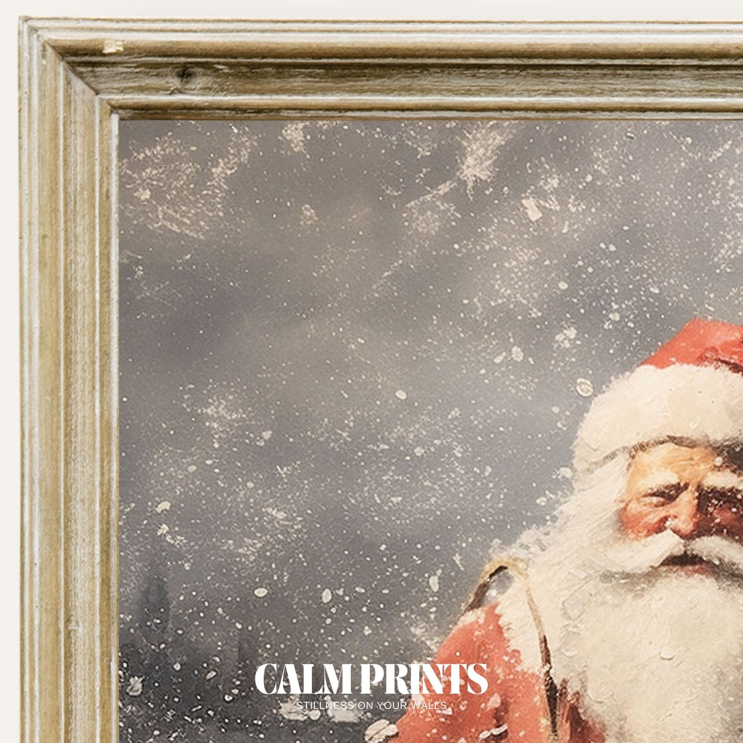 Vintage-style print of Santa in a snow-covered forest with twinkling lights
