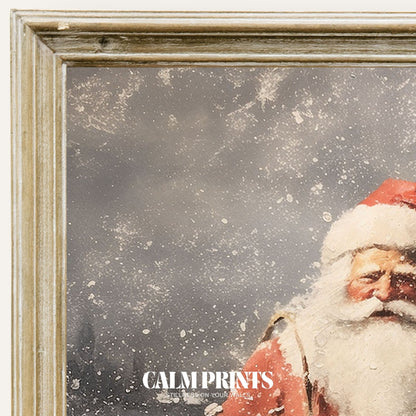 Vintage-style print of Santa in a snow-covered forest with twinkling lights
