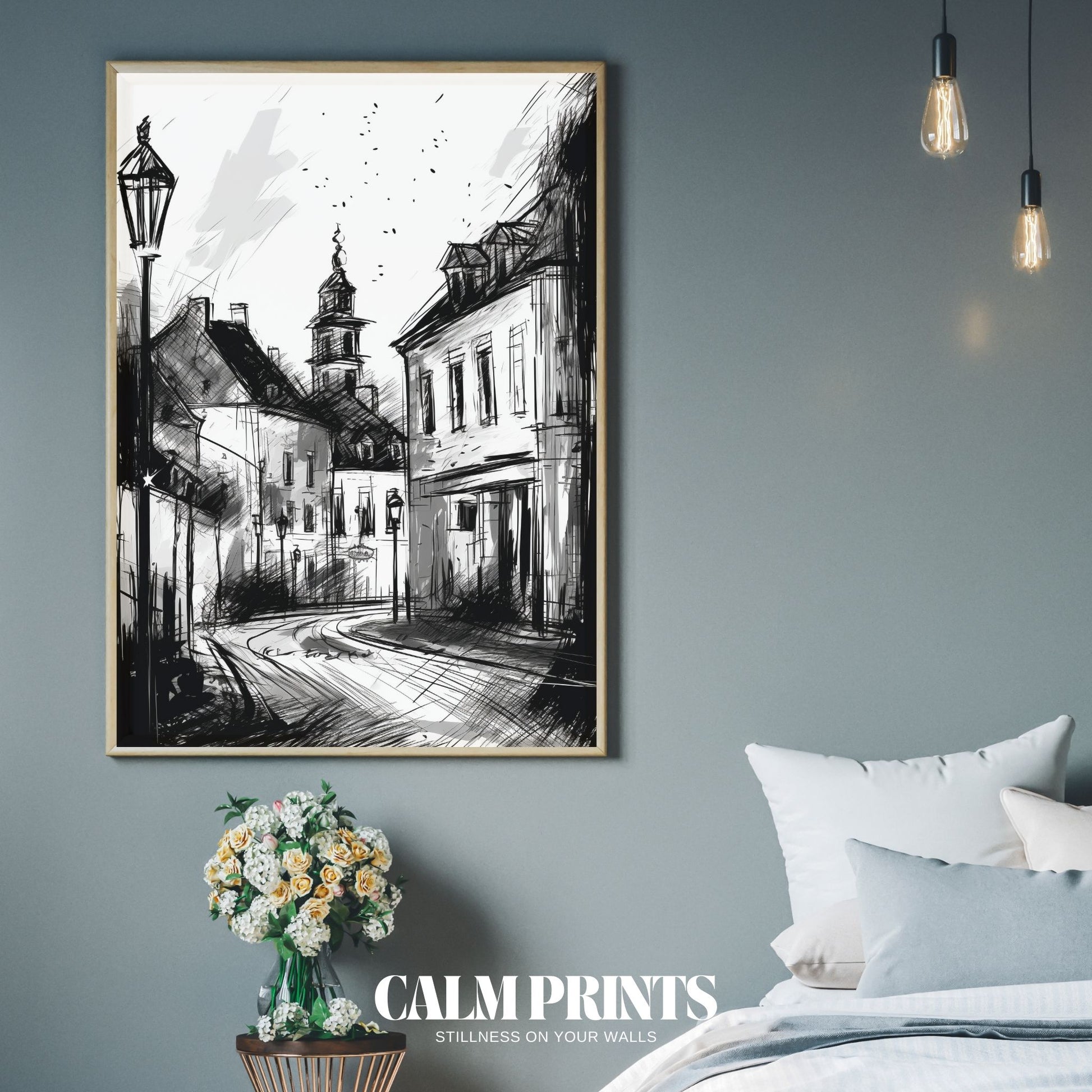 Vintage-style artwork of a street scene in black and white detail
