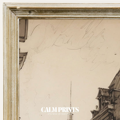 Vintage-style sketch of an old town street lined with characterful façades
