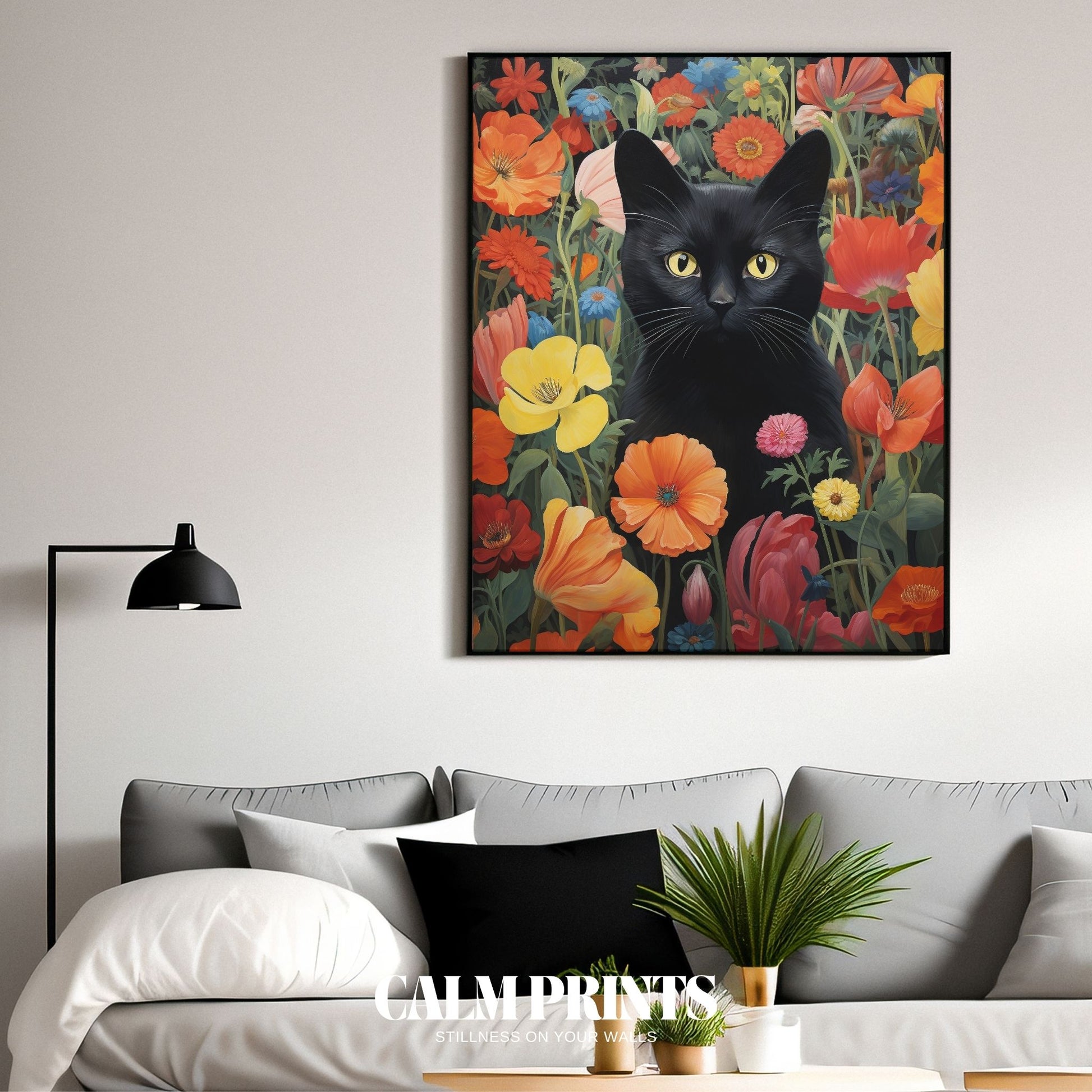Print of a curious black cat hidden in a bed of vivid, cheerful flowers