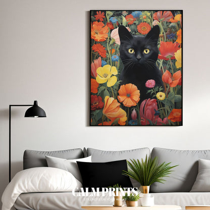 Print of a curious black cat hidden in a bed of vivid, cheerful flowers