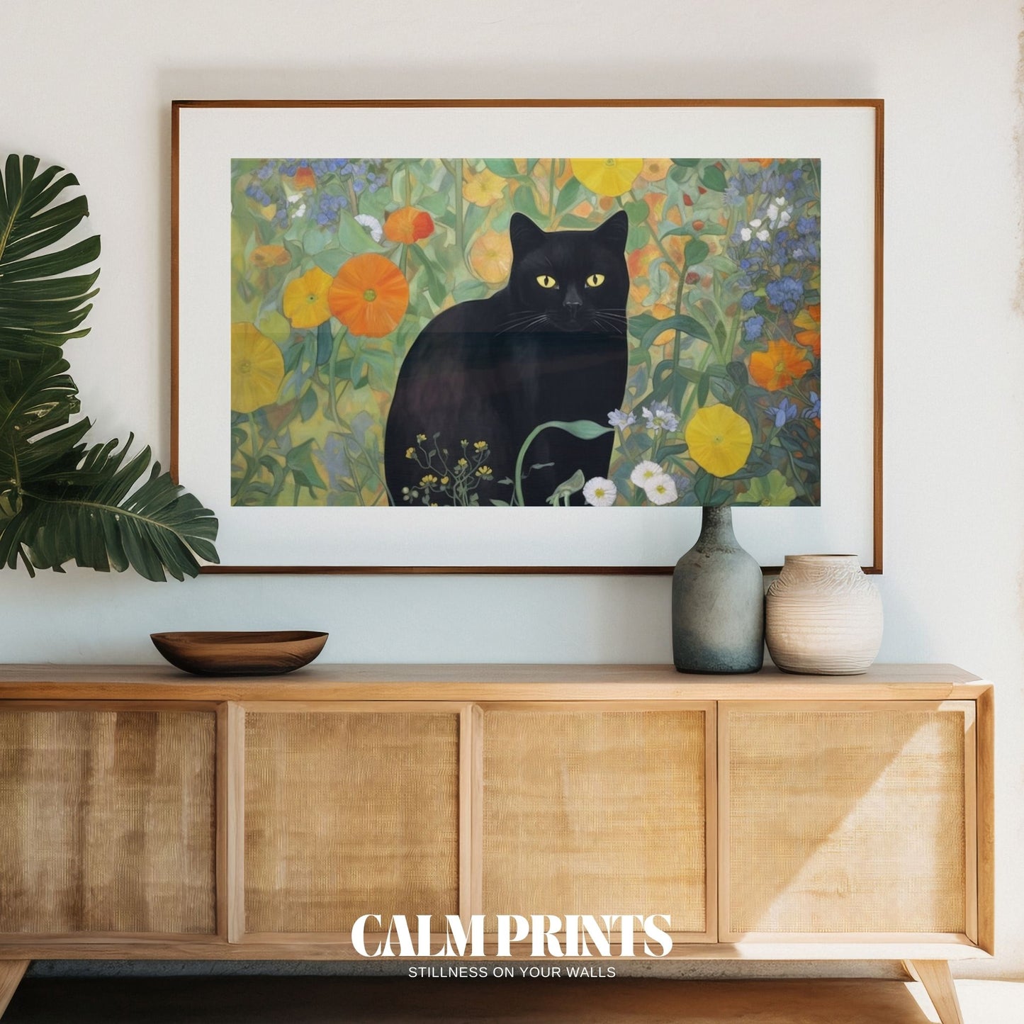 Vivid garden scene with a sleek black cat hidden among blossoms