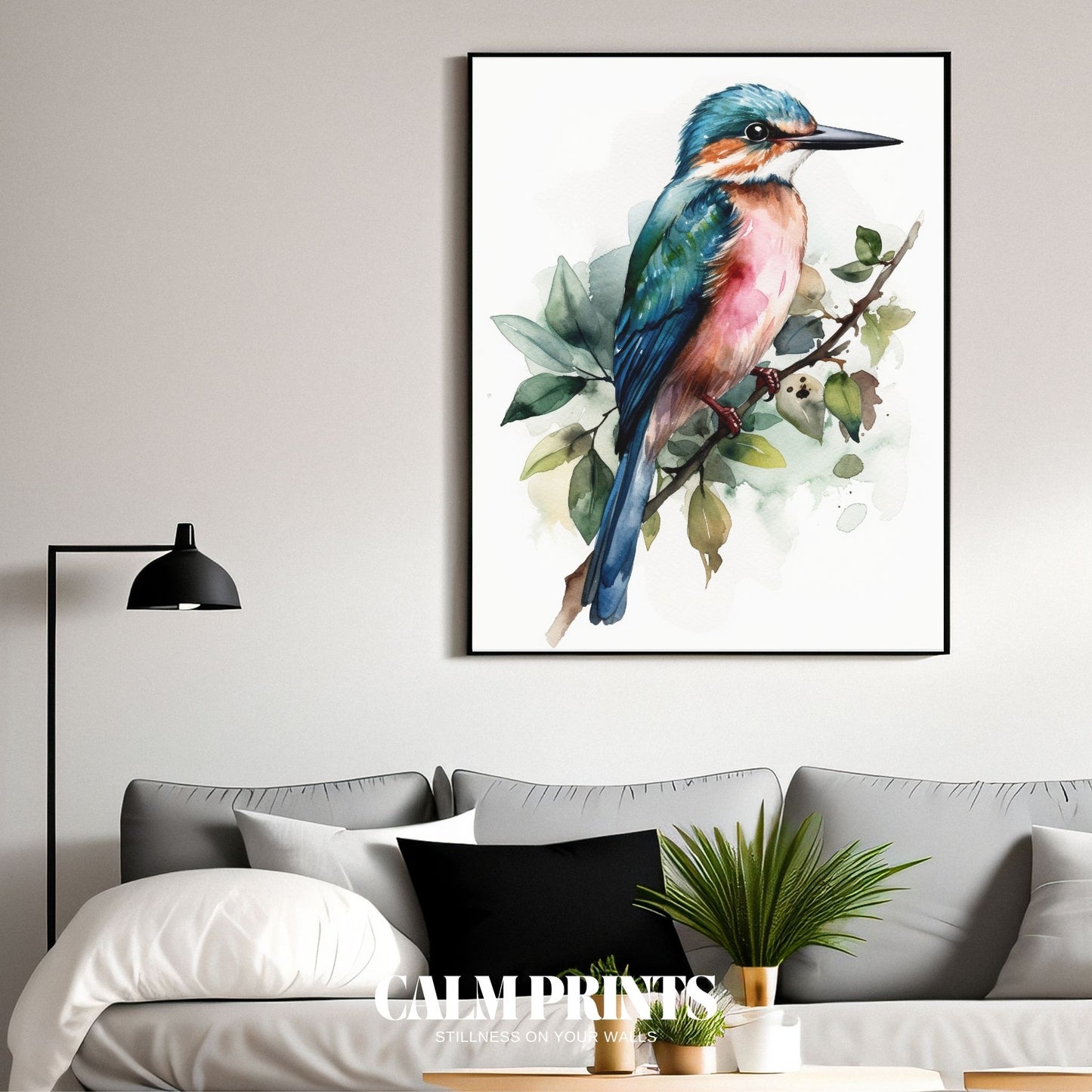 Artwork of a vivid kingfisher captured in fluid watercolour strokes
