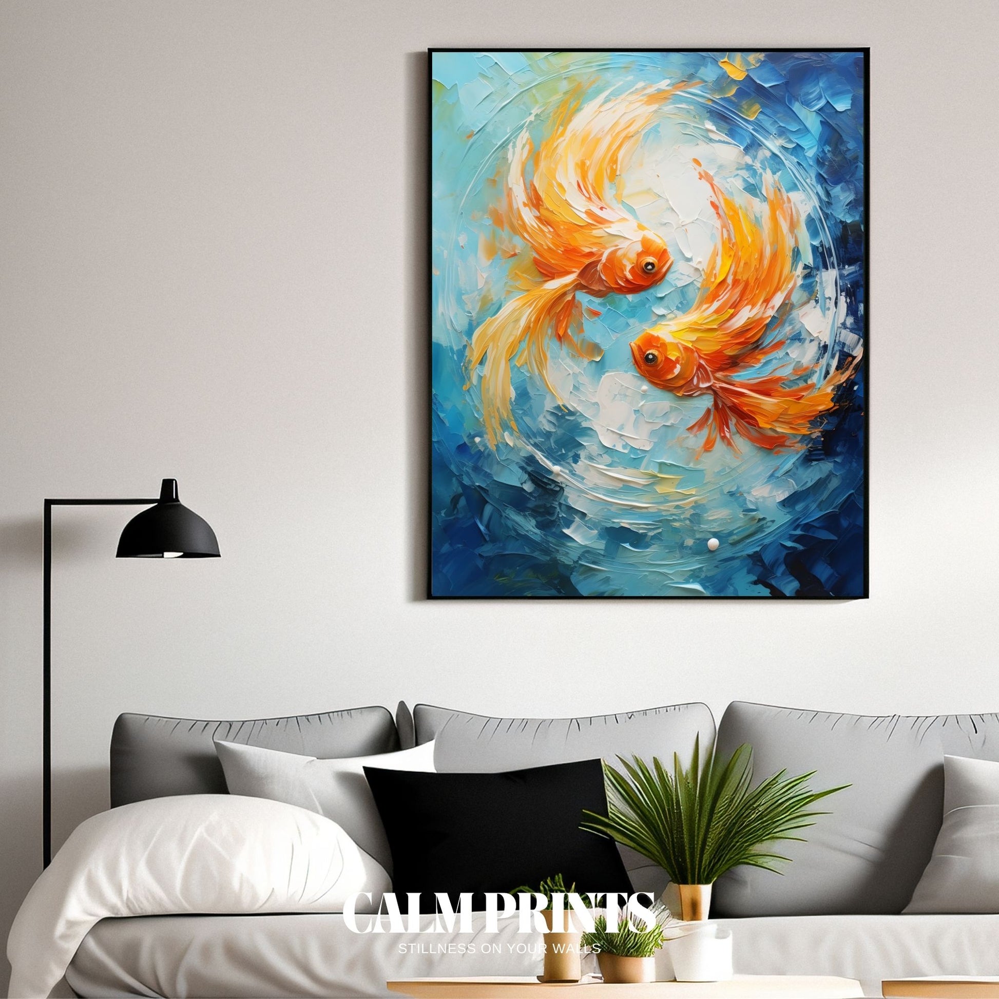 Poster of vivid koi fish gliding through water in a peaceful pond scene
