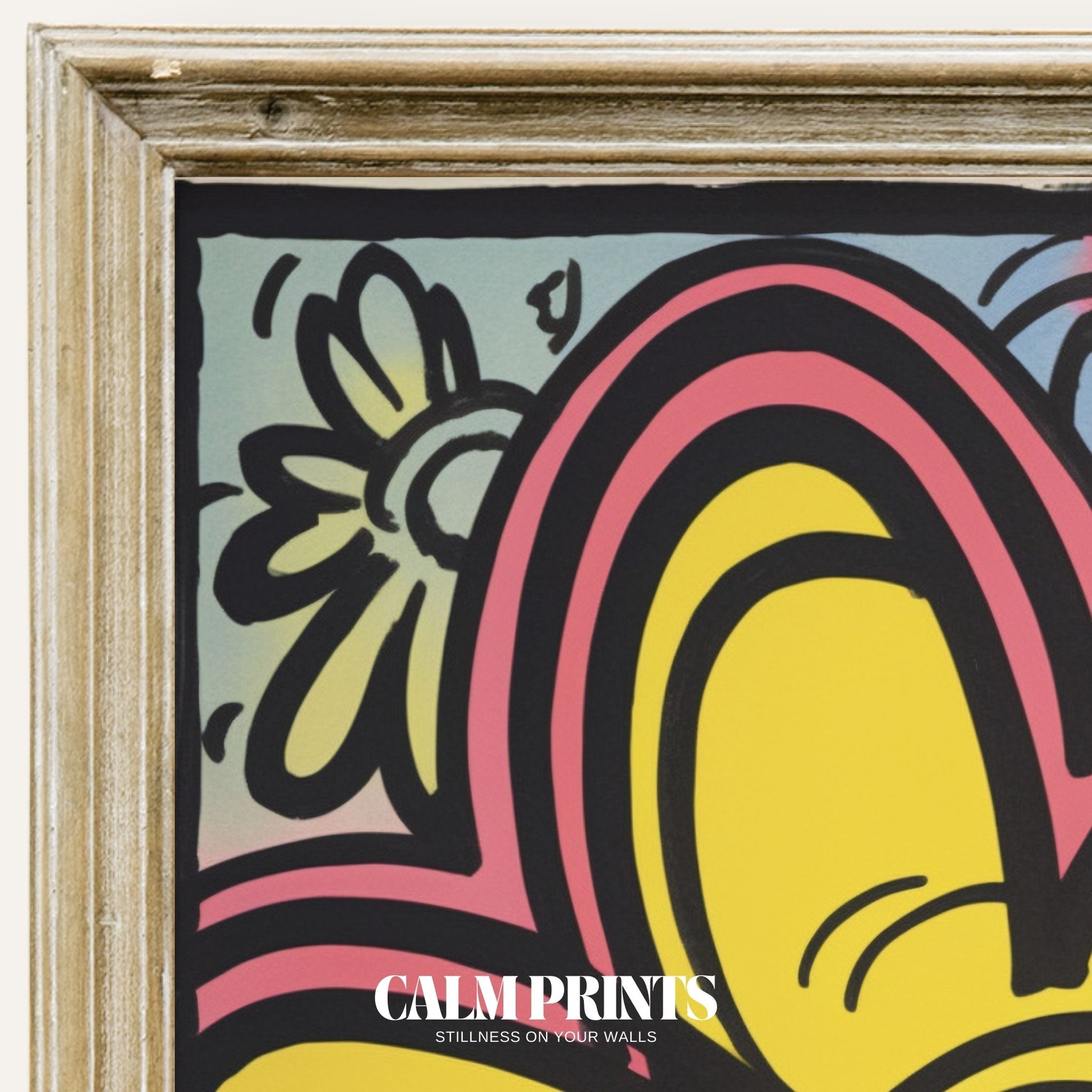 Vivid pop art print of stylised flowers in bright, energetic tones

