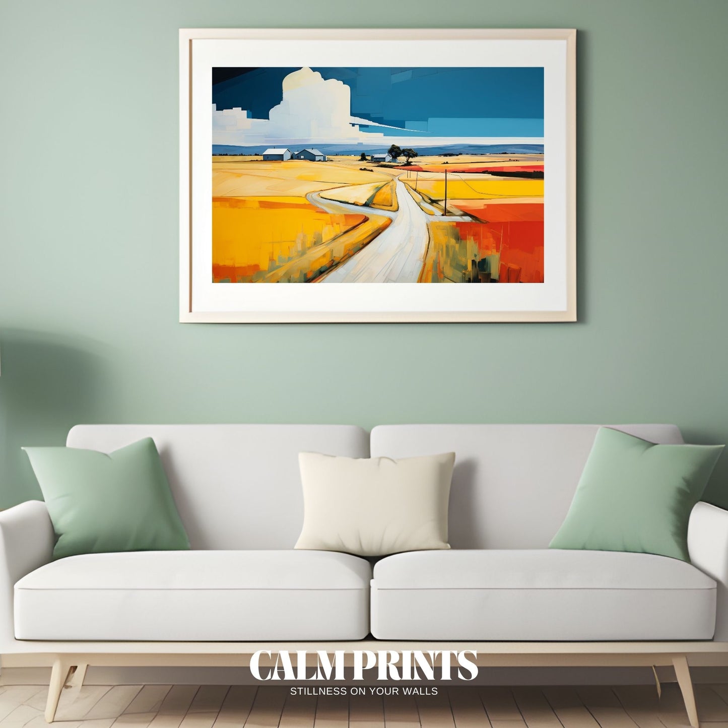 Landscape scene of vivid rural meadows beneath a clear blue sky
