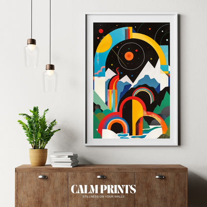 Poster of a vivid landscape with geometric shapes and a stylised sunset
