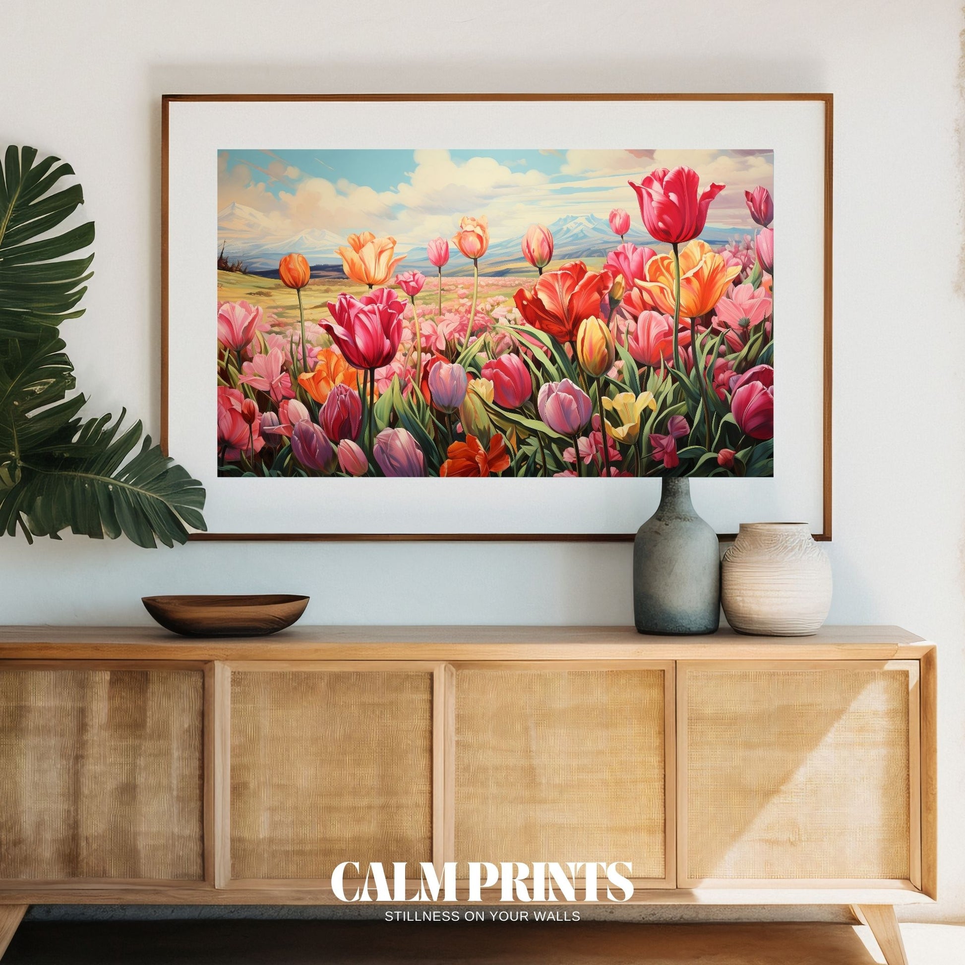 Poster of a vivid tulip garden in spring, bursting with colourful petals
