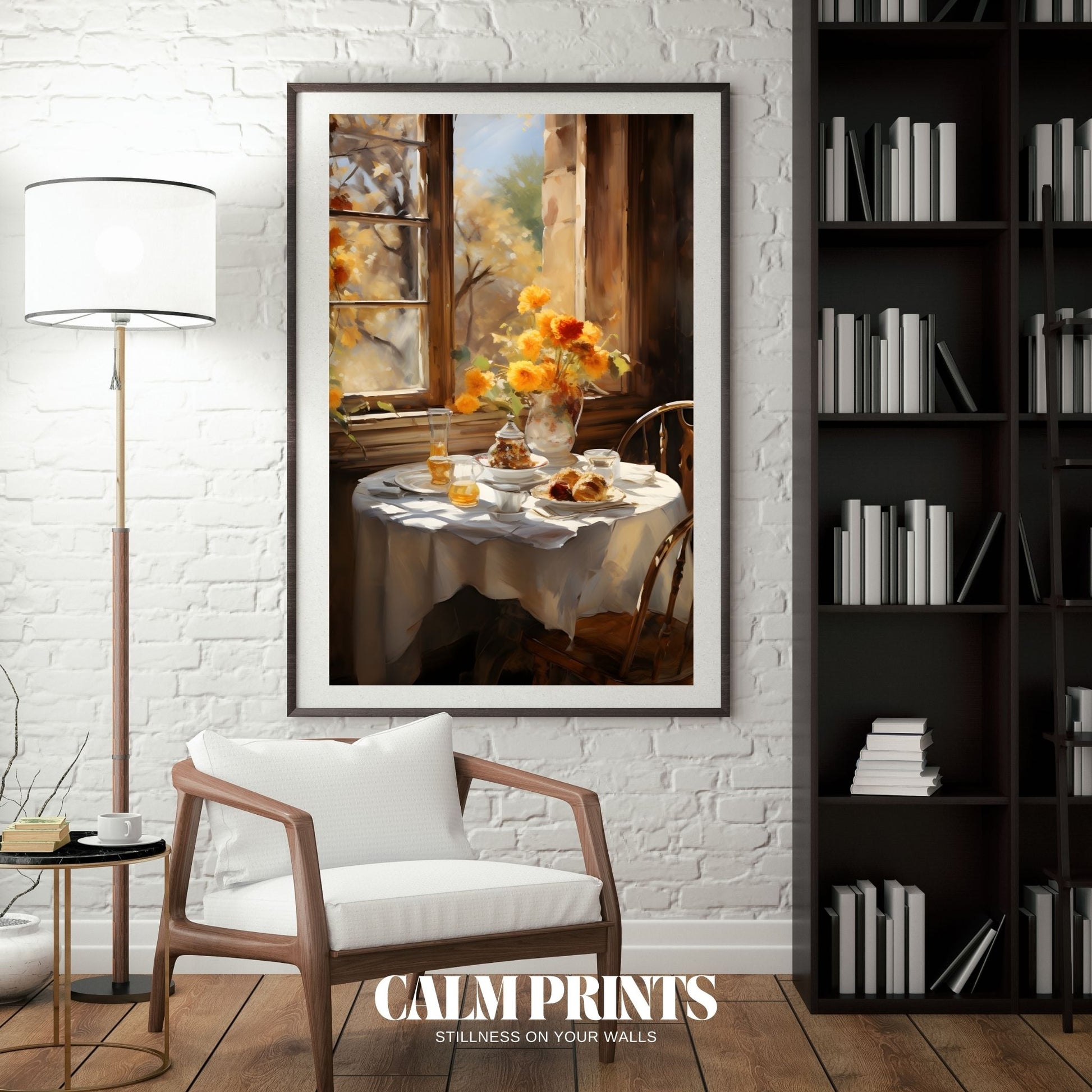 Artistic poster of a warm breakfast nook filled with autumn atmosphere