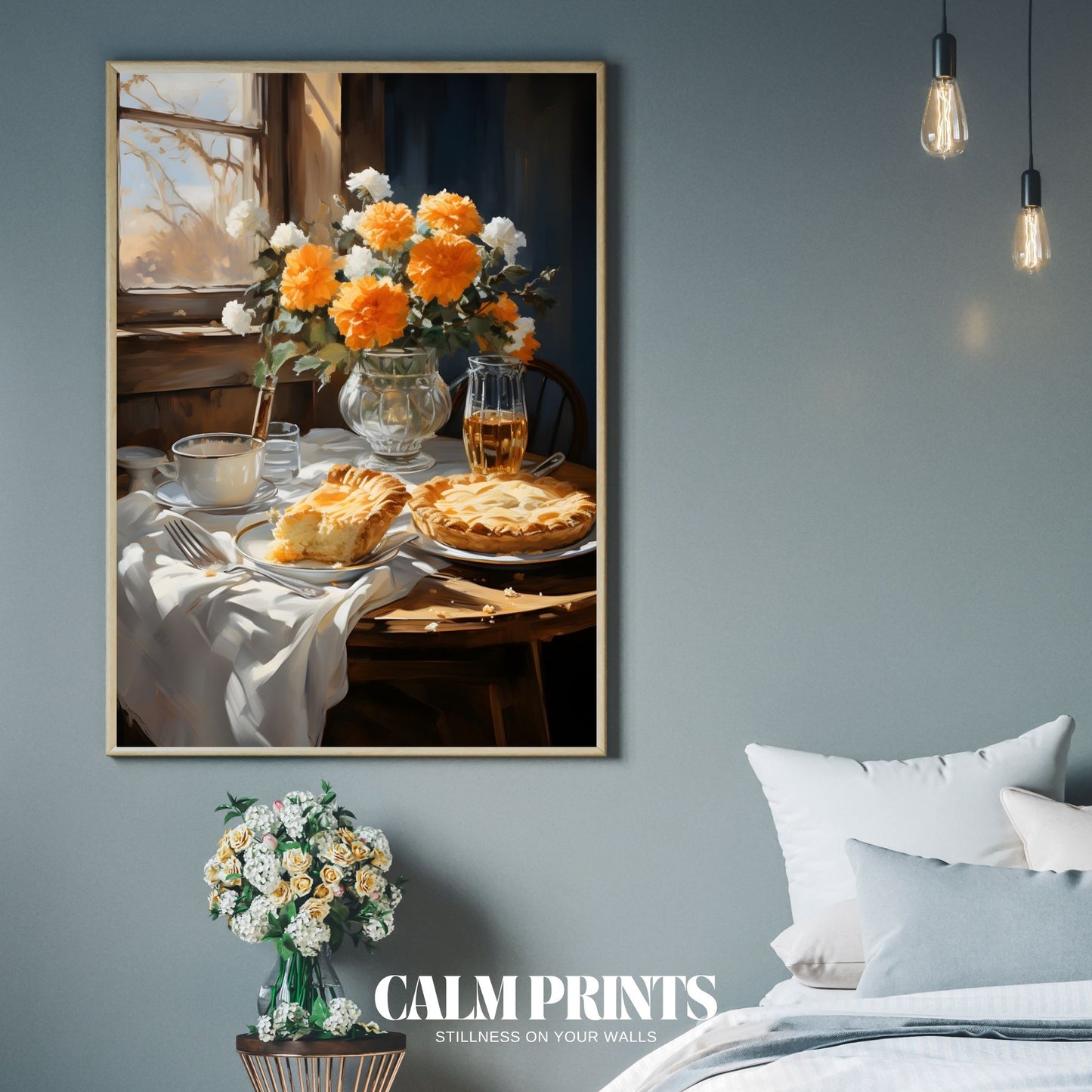Print of a warm drink by a sunlit window in a peaceful indoor setting
