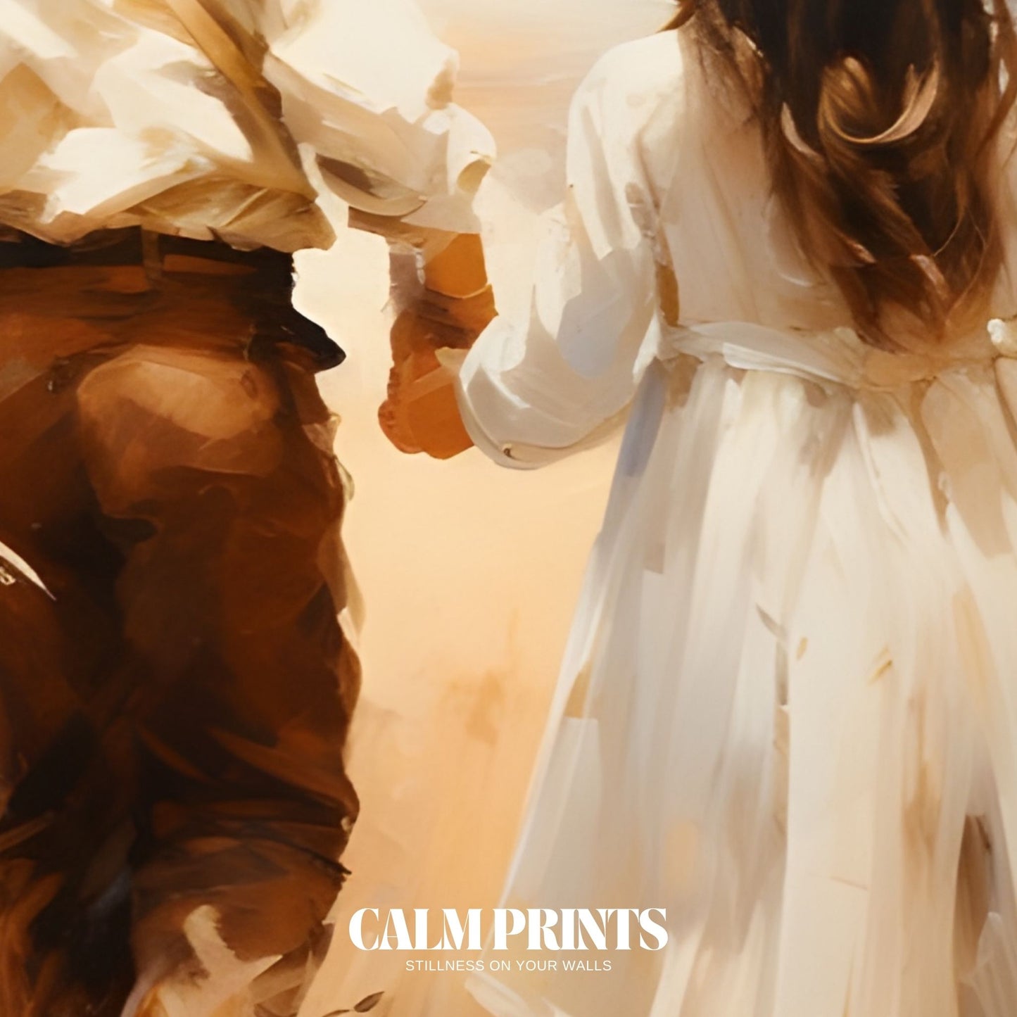 Landscape print with warm golden tones and open field views