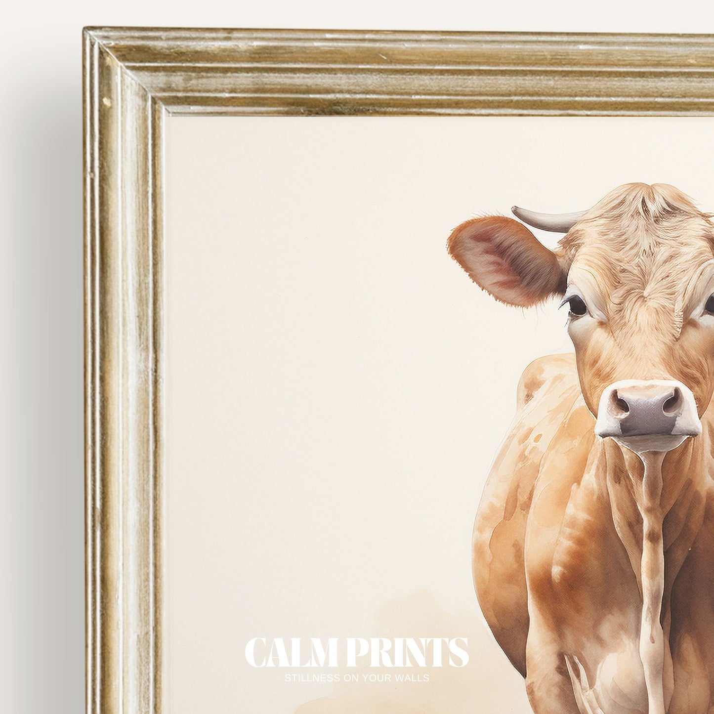 Country-style art print of two cows painted in gentle watercolour hues
