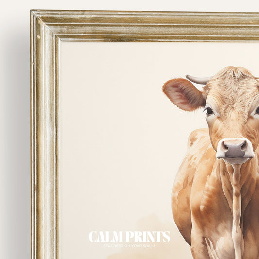 Country-style art print of two cows painted in gentle watercolour hues
