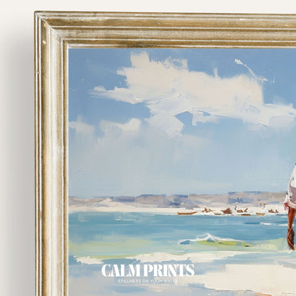 Print of cowboys walking beside calm water in a scenic coastal moment
