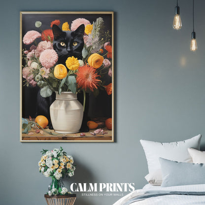 Whimsical artwork of a black cat enjoying soft spring blossoms
