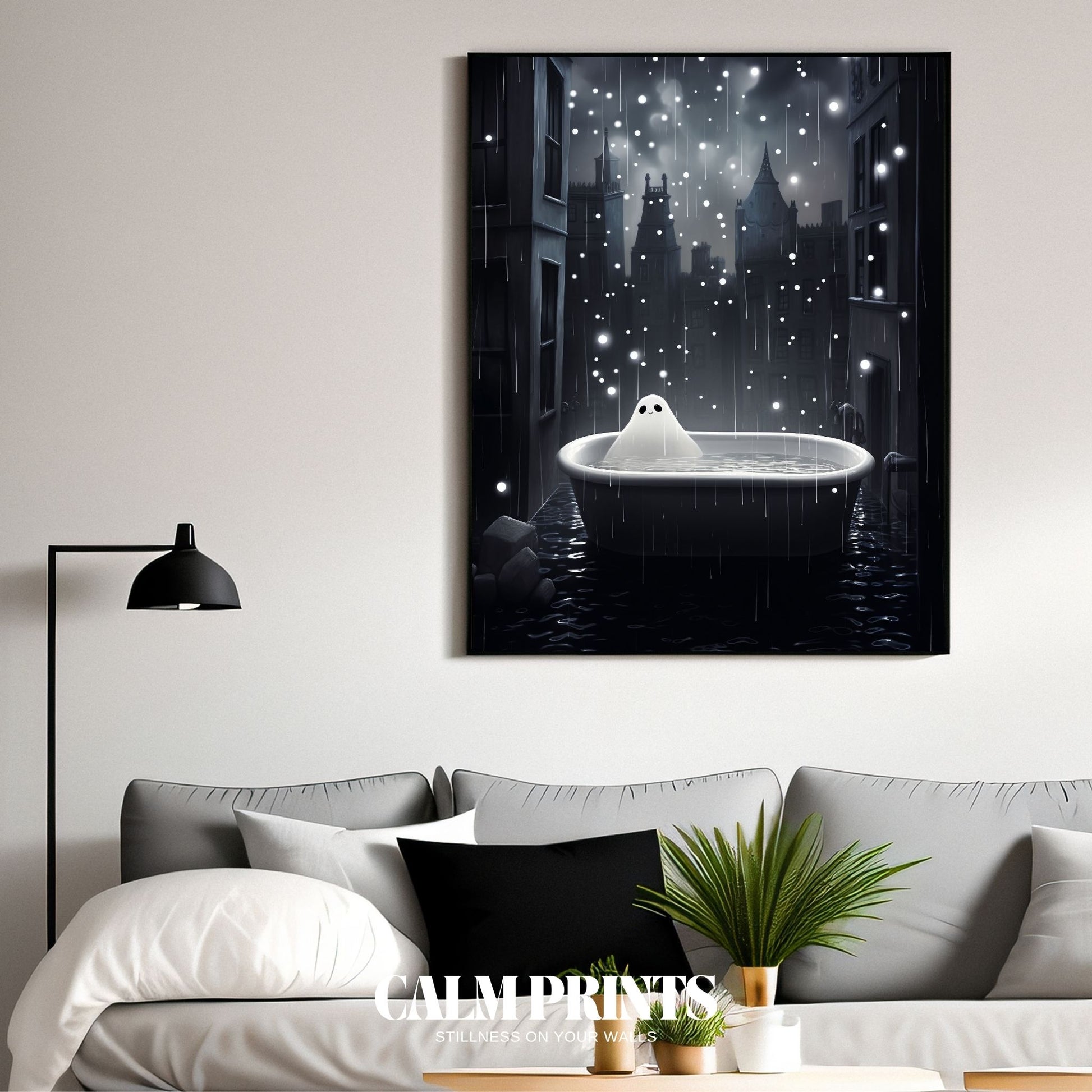 Whimsical artwork of a ghost bathing in the rain under soft grey skies
