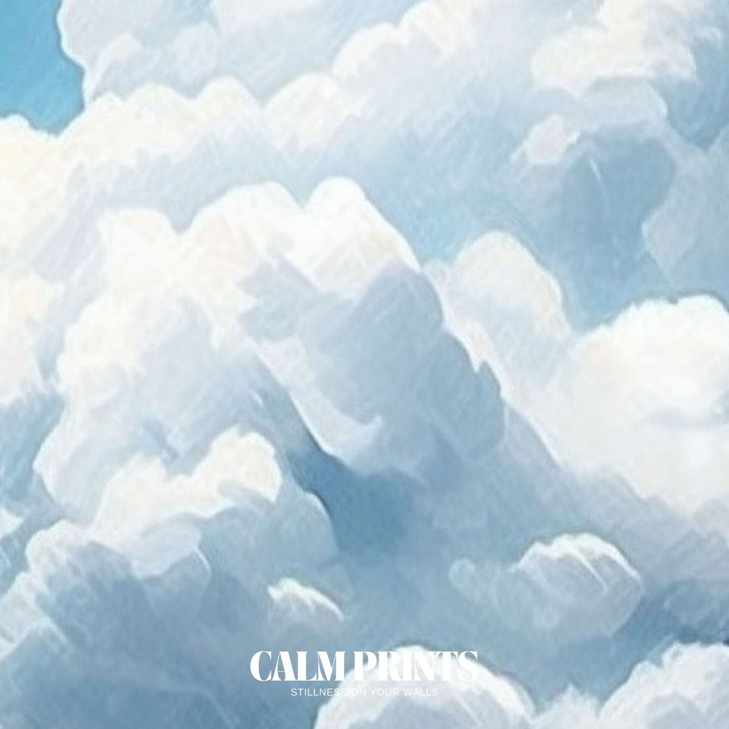 White billowing clouds float gently in a soft pastel sky