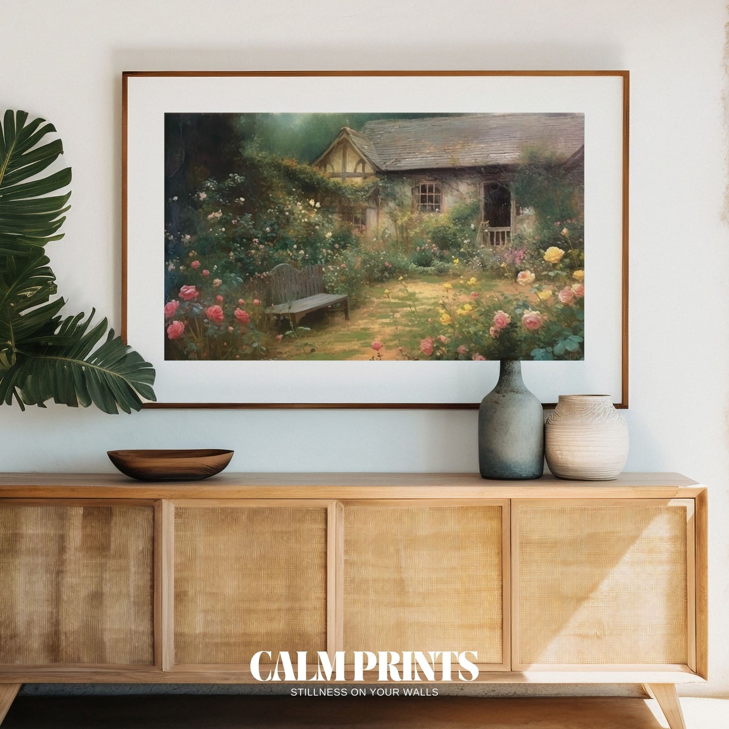 View of a charming cottage framed by a sea of colourful wildflowers
