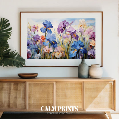 Artwork of a wildflower meadow featuring elegant, multicoloured irises
