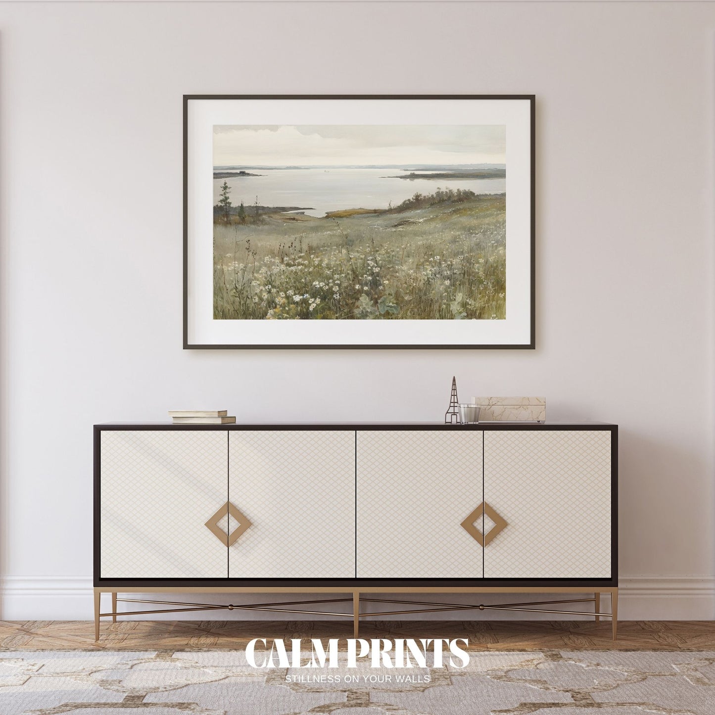 Wind-blown coastal meadow with wild grass and distant sea views
