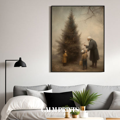 Holiday artwork showing Christmas tree trimming in a peaceful winter landscape
