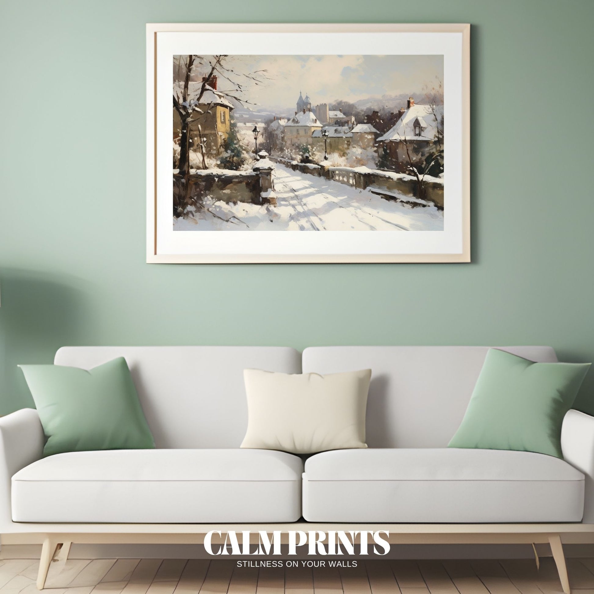 Wall print of a tranquil village scene in soft winter light
