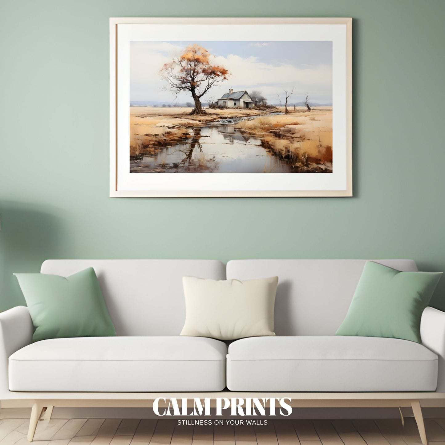 Poster featuring a wooden house beside a creek in tranquil surroundings
