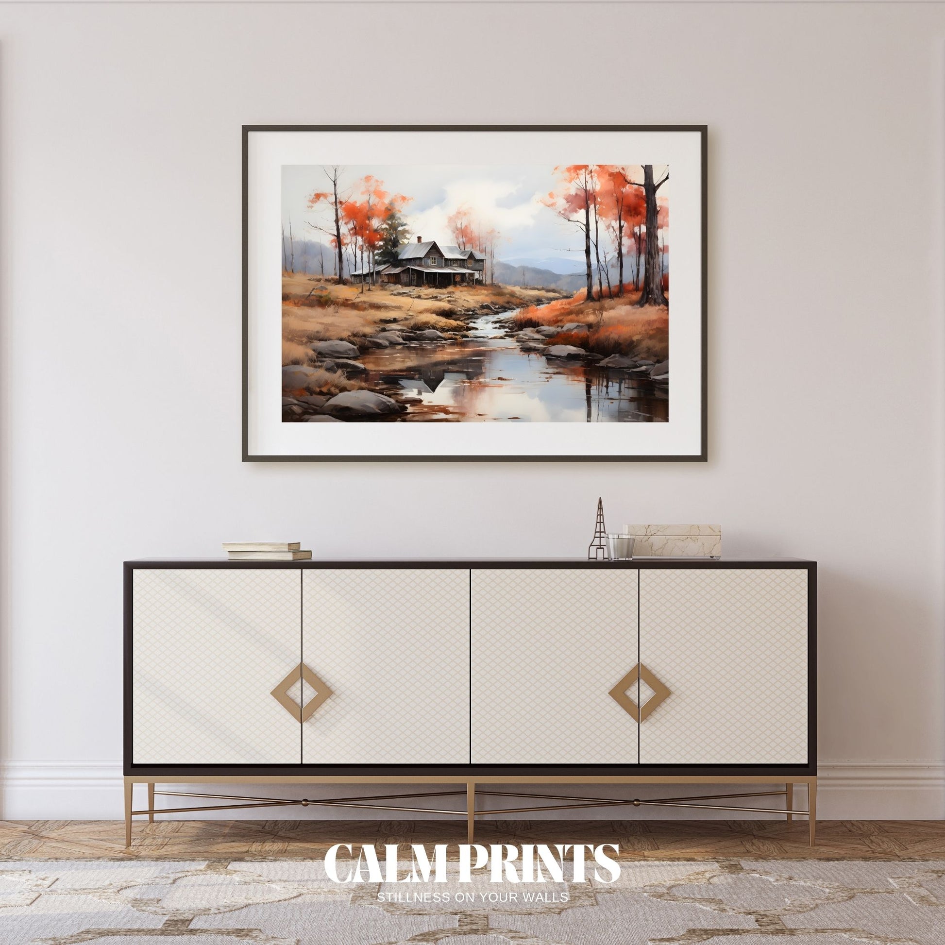 Poster of a cosy woodland cabin framed by autumn foliage and flowing water