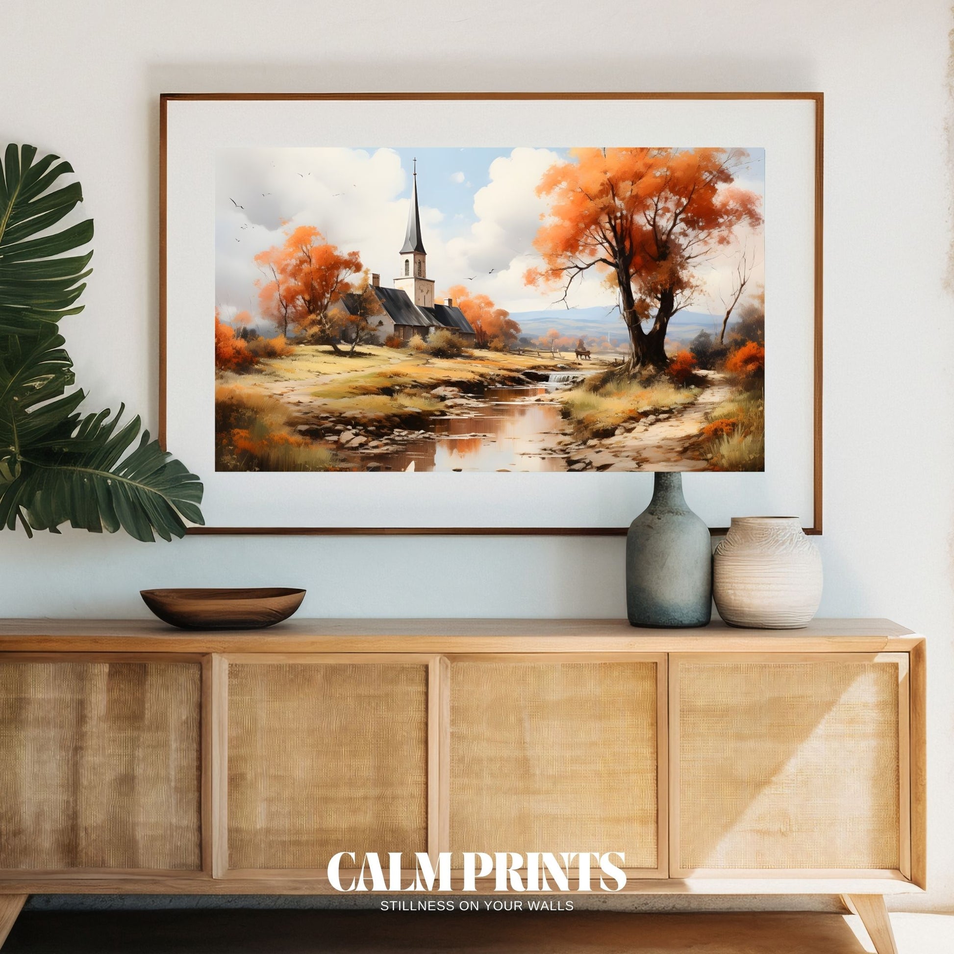 Woodland chapel near a tranquil creek under golden autumn trees