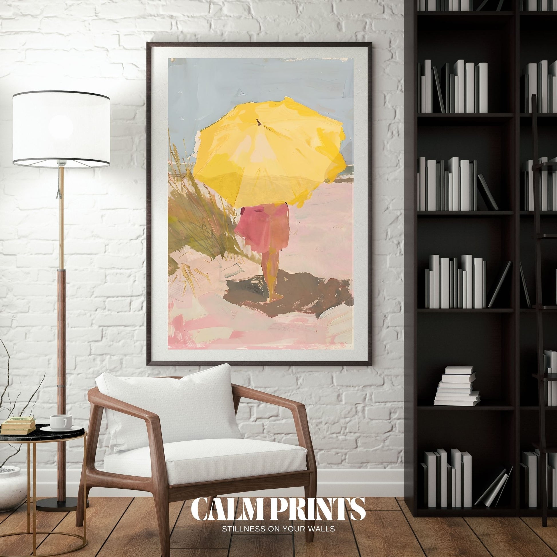 Charming seaside artwork with a yellow parasol on soft beach sand